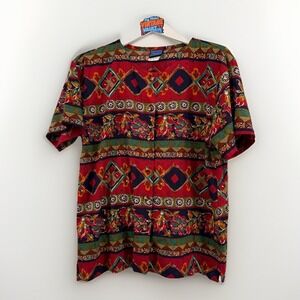Vintage Jantzen Classics Geometric Tribal Print Blouse Medium USA Made 90s Top